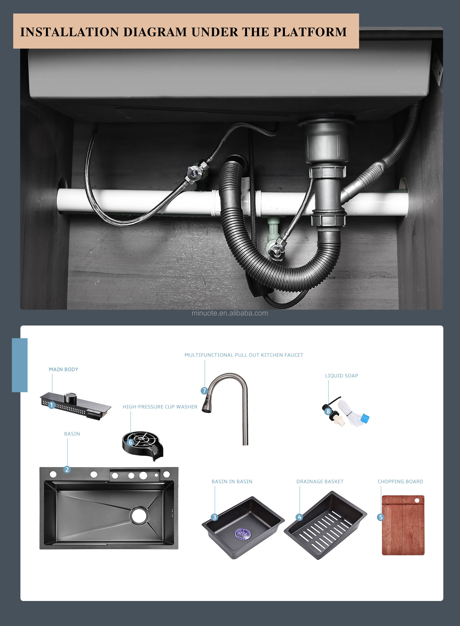 Pull-Out Kitchen Faucet Sink Waterfall S.S. Flying Rain Faucet and Kitchen Sink details