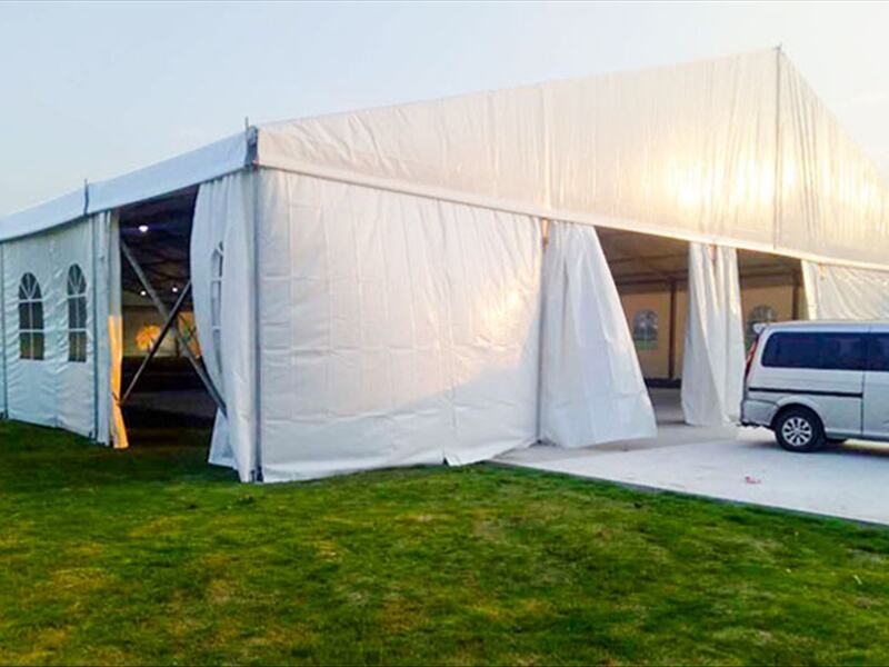 What are the fire safety measures for large storage tents?