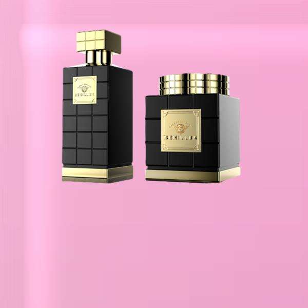 Timeless beauty captured in a deep blue perfume bottle