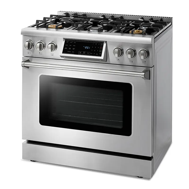 36-inch gas range in stainless steel for modern kitchen applications