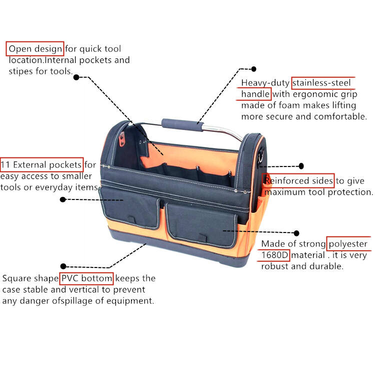 18 Inch Open Top Large Capacity Polyester Open Top Tool Bag with Hard Base for Carpenters manufacture