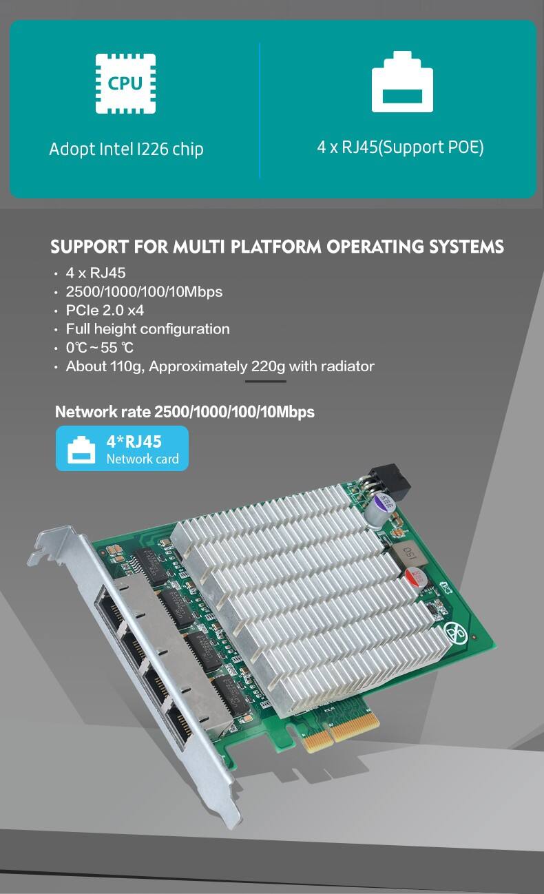 Intel I226 PCIe Network Riser Card with 4*RJ45 Lan Ports POE Gateway Module with PCIe 2.0 x4 Interface 2500/1000/100/10Mbps Network Transfer Rate for Image Acquisition Server manufacture