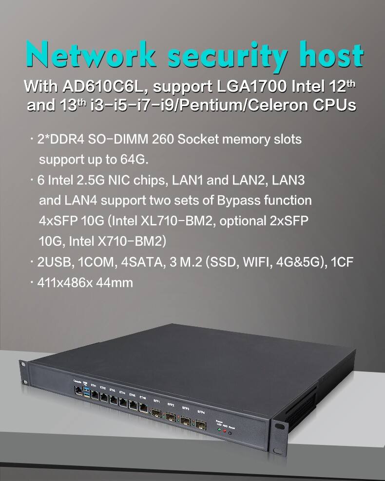 Piesia 1U Rackmount Server Chassis 6Lan 4*SFP 10G Intel 12/13th LGA1700 H610/H670/Q670 2*DDR4 Industrial Router Firewall PC supplier