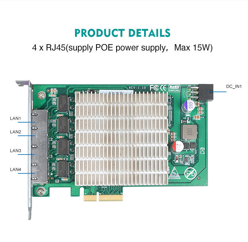 Intel I226 PCIe Network Riser Card with 4*RJ45 Lan Ports POE Gateway Module with PCIe 2.0 x4 Interface 2500/1000/100/10Mbps Network Transfer Rate for Image Acquisition Server details