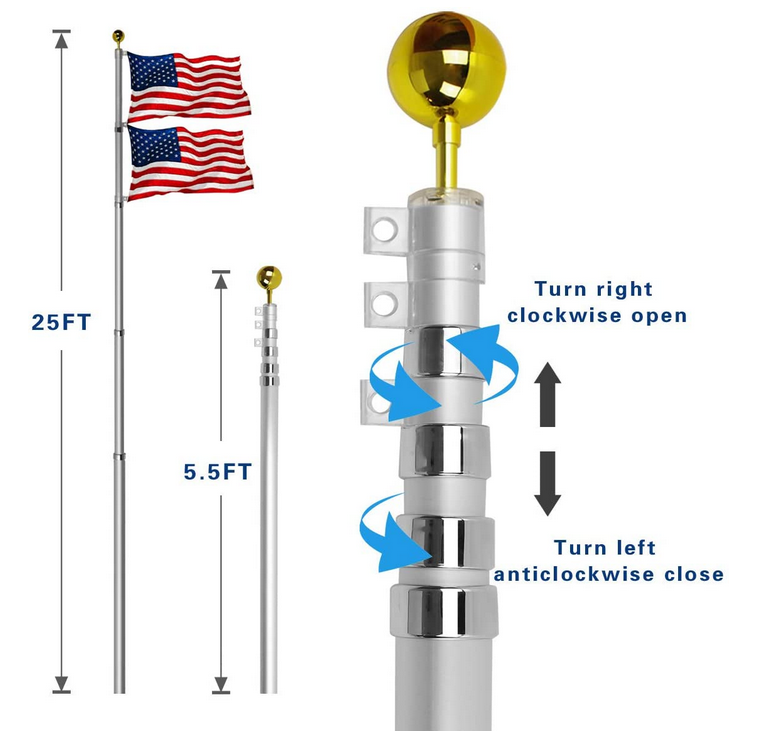 Heavy Duty 25FT Telescoping Flag Pole Kit, Aluminum Telescopic Flag Pole details