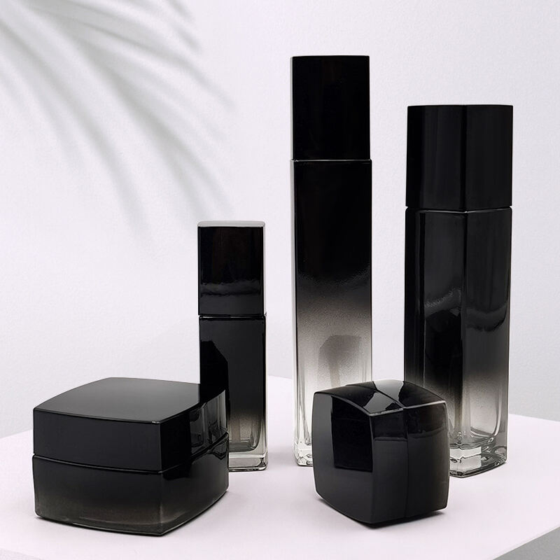 kosmetische quadratische schwarze Hautpflegeflaschen Verpackung Glas Set HY-2342