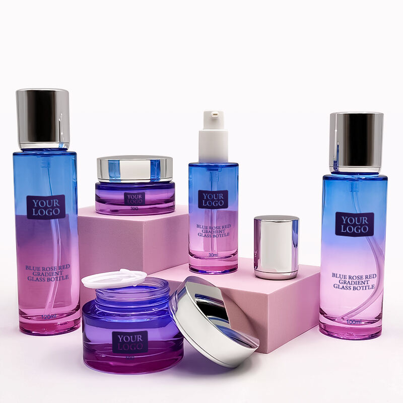 Luxury blue pink gradient cosmetic glass containers packing set HY-2396