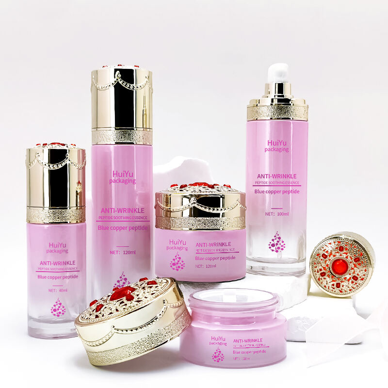 Neues rosafarbenes glänzendes Hautpflege-Set leere Glasflasche HY-2419