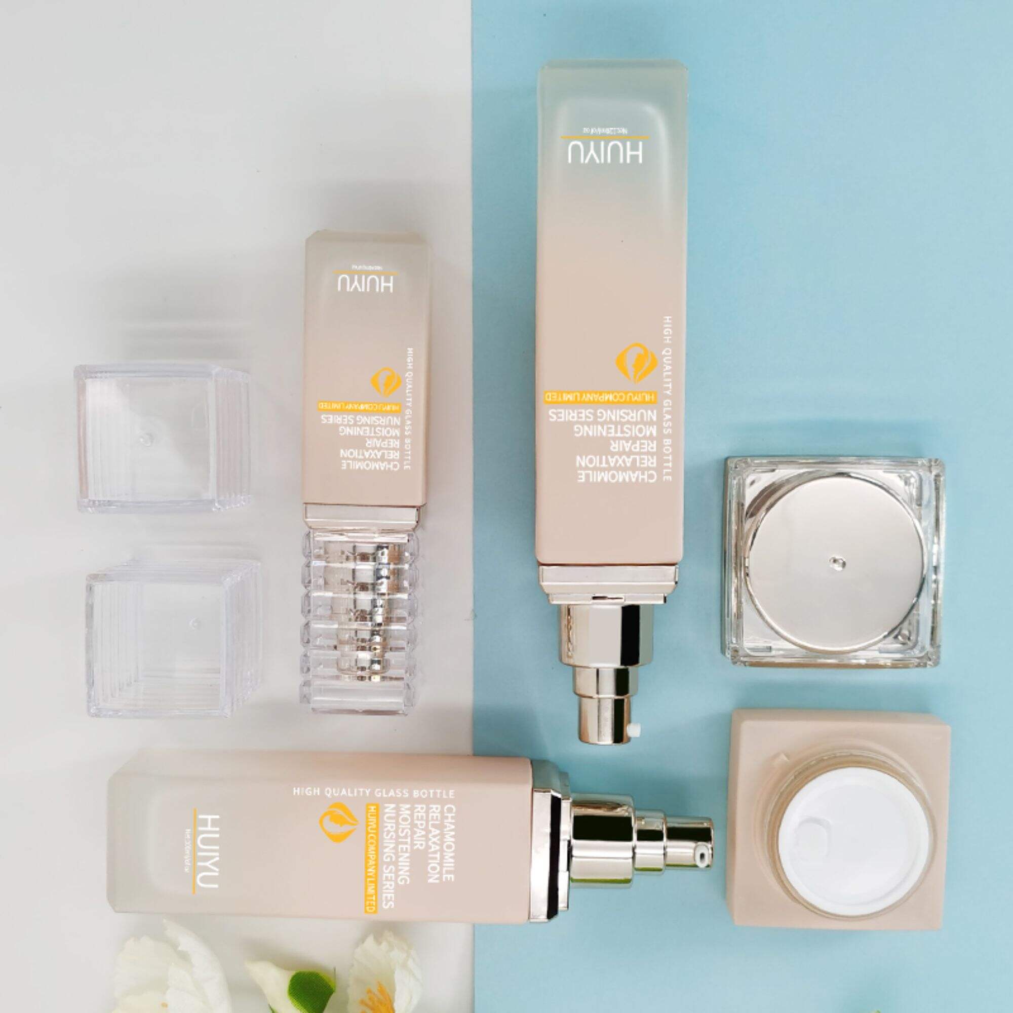 Skin-Care-Verpackung Luxusquadratische Glascreme-Flasche HY-2404