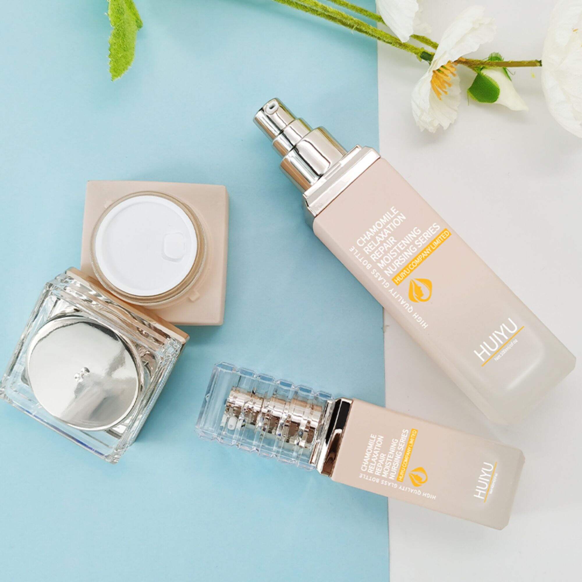 Skin-Care-Verpackung Luxusquadratische Glascreme-Flasche HY-2404