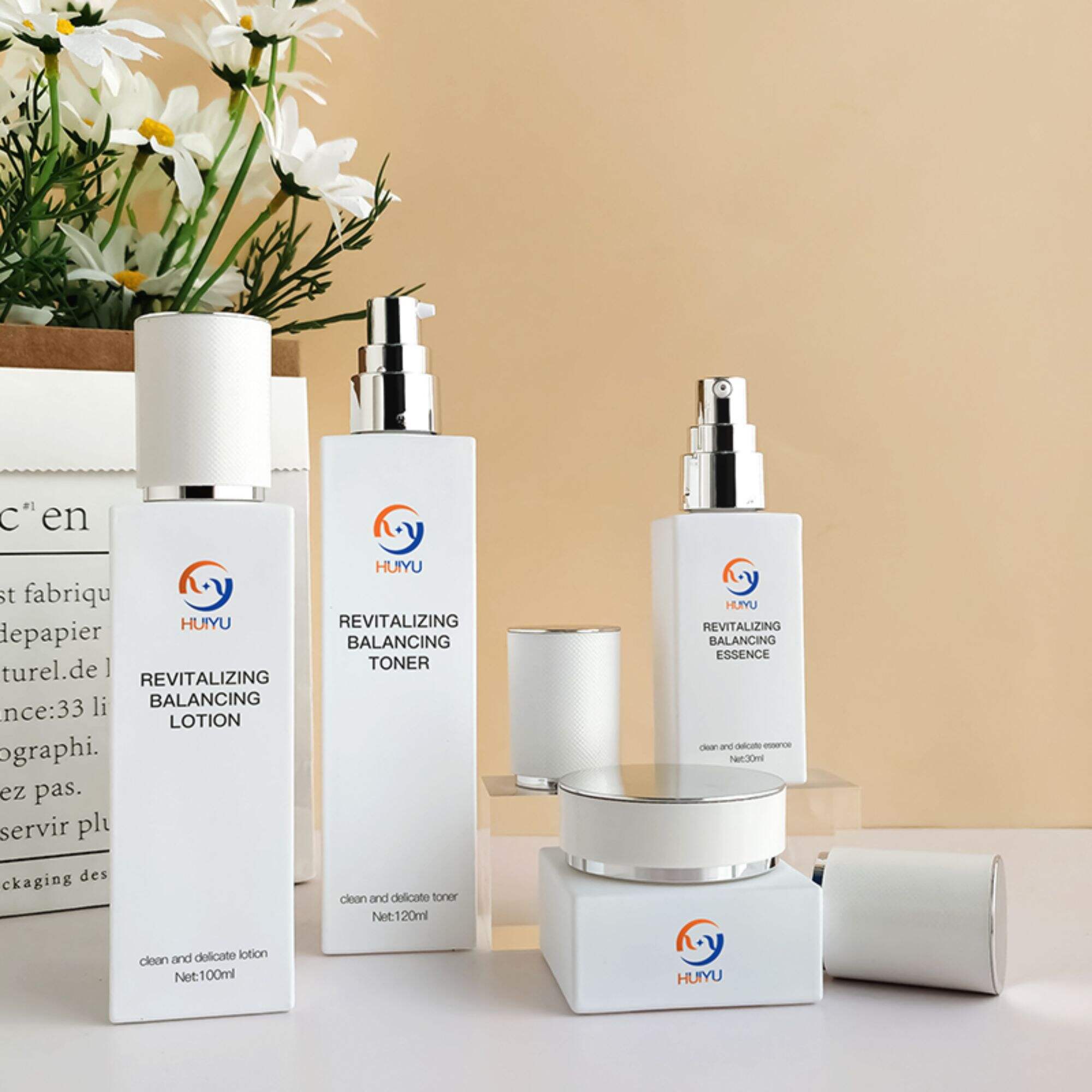 luxury square glass set bottle cosmetics White round cap HY-2356