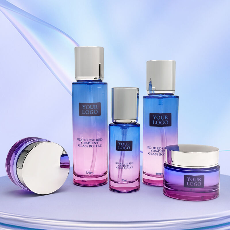 Luxury blue pink gradient cosmetic glass containers packing set HY-2396
