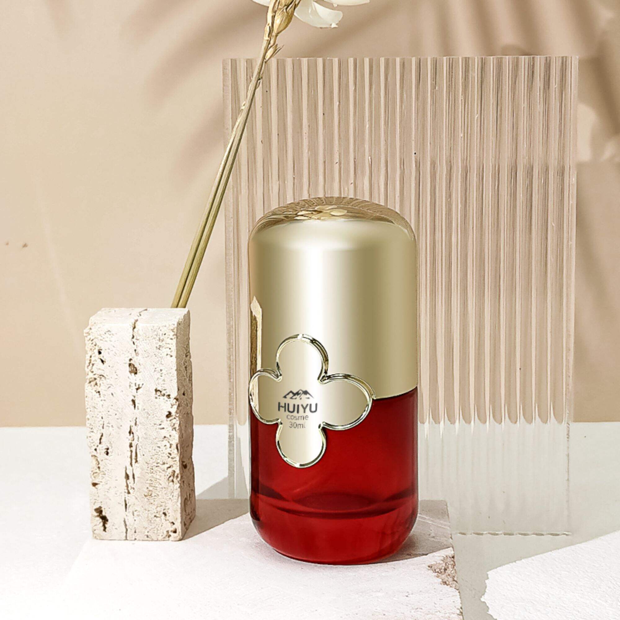 Custom Red Container Glass Jar With Gold Flower Lid HY-2318