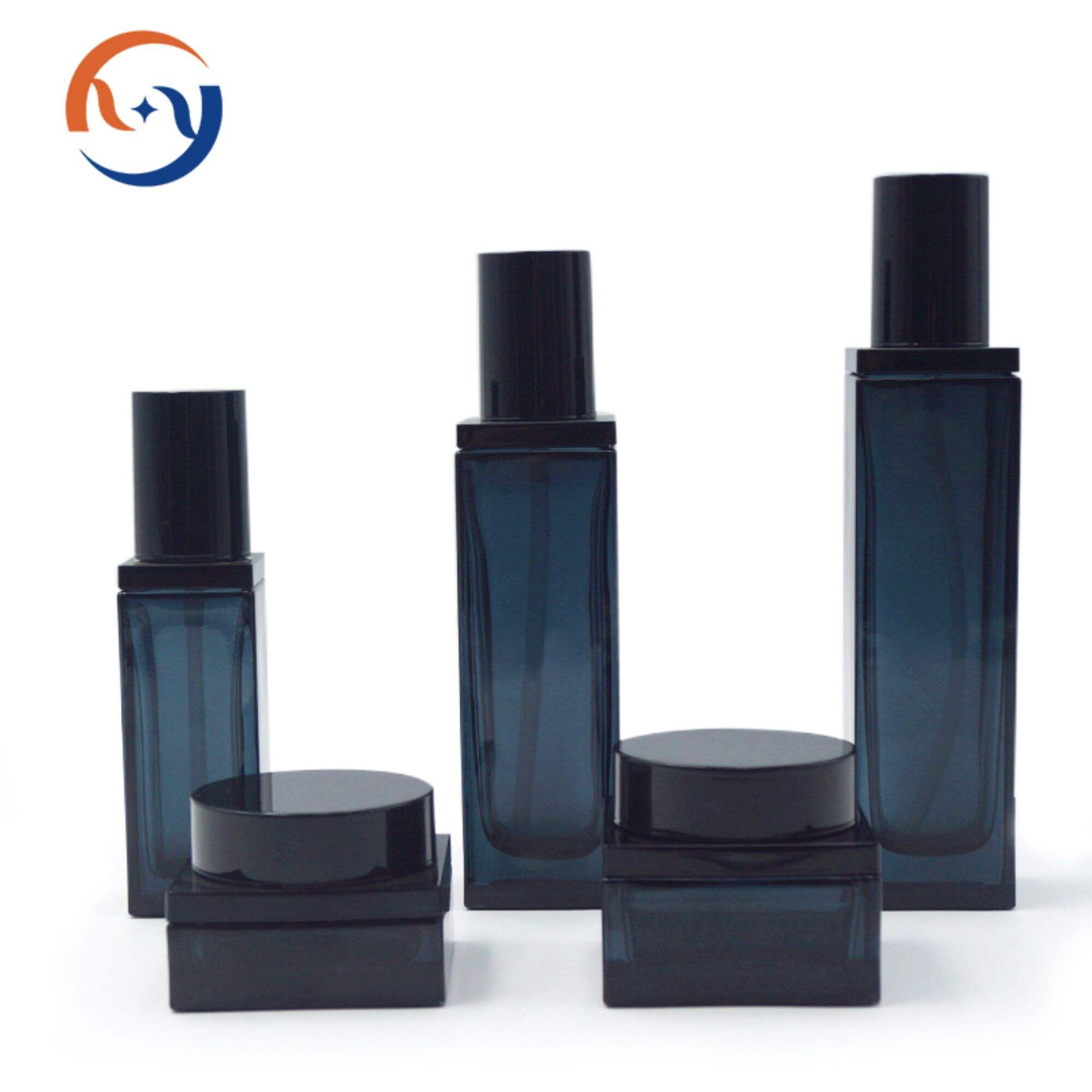 Klassische schwarze und blaue quadratische Glasflasche für Hautpflege HY-2375