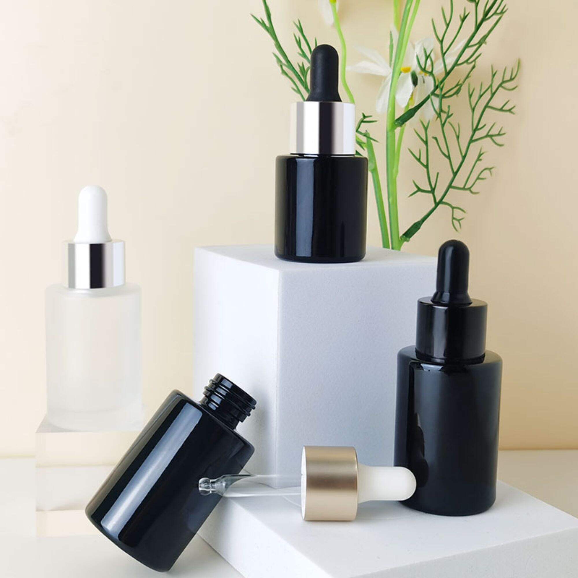 Kosmetikverpackung Bernsteinfarben Weiß Schwarz Serum Glasflasche HY-2197