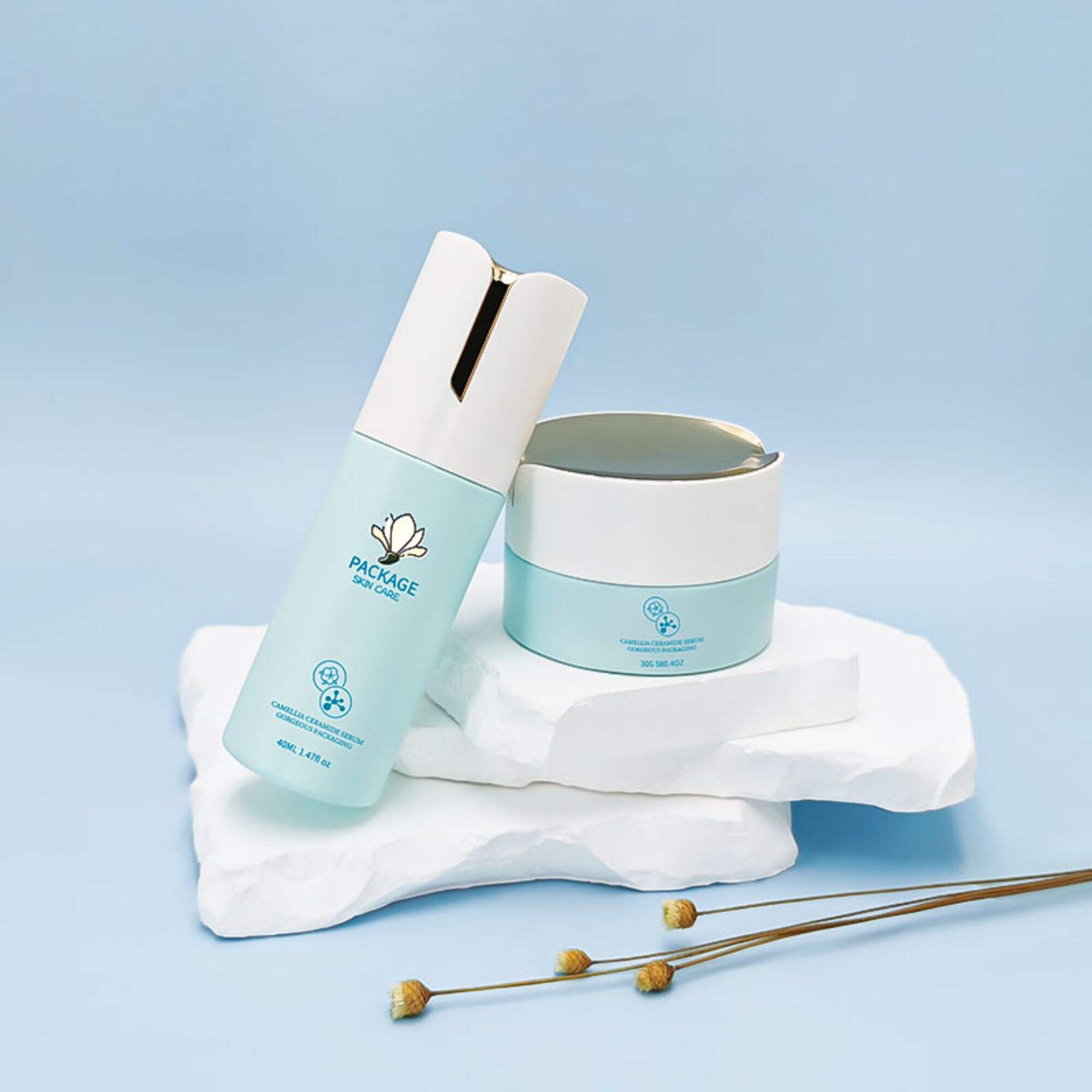 Custom Empty light-blue Bottle Glass Bottle Packaging set HY-2415