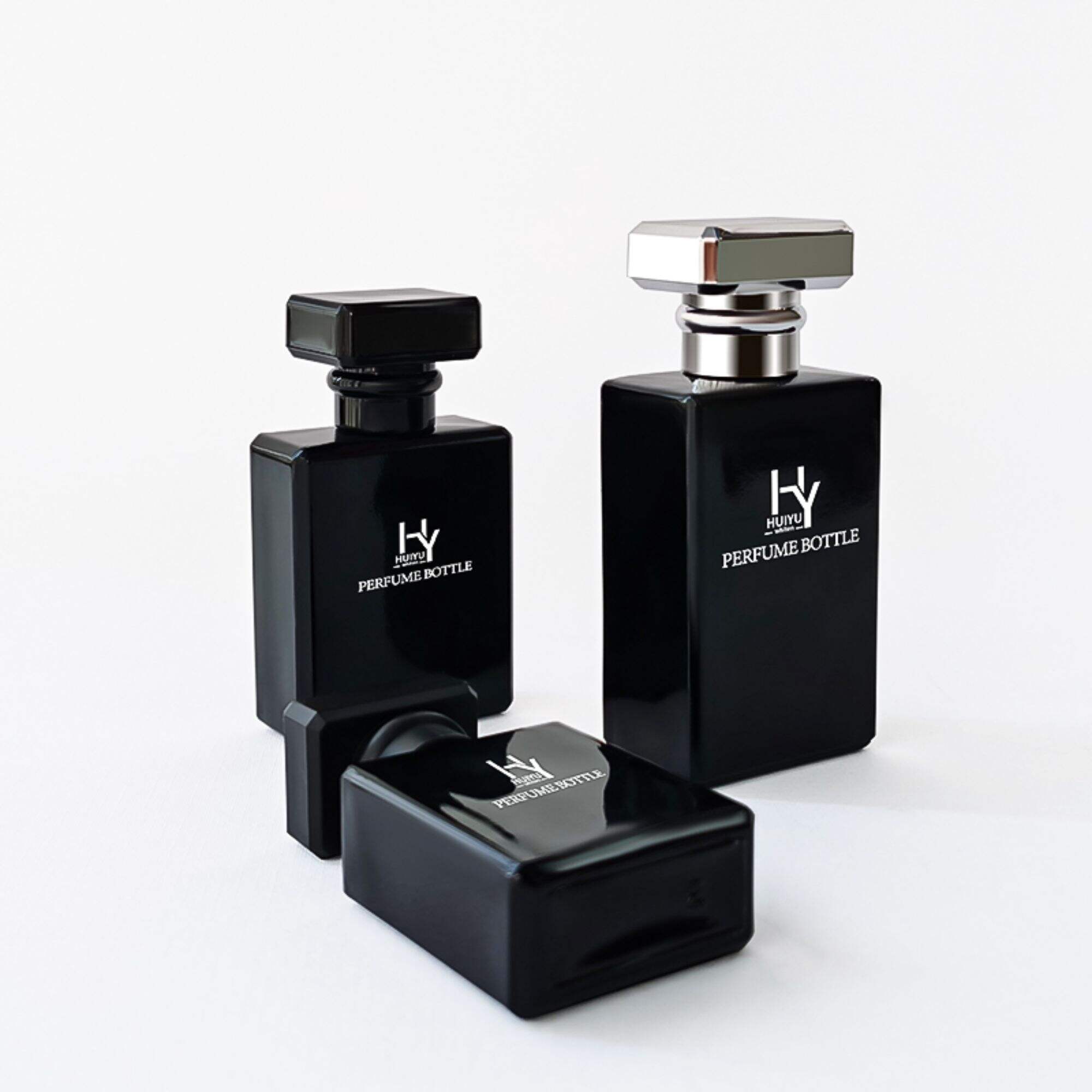 Schwarze quadratische Parfümflasche 20-50ml Glasverpackung mit individuellem Deckel HY-P305