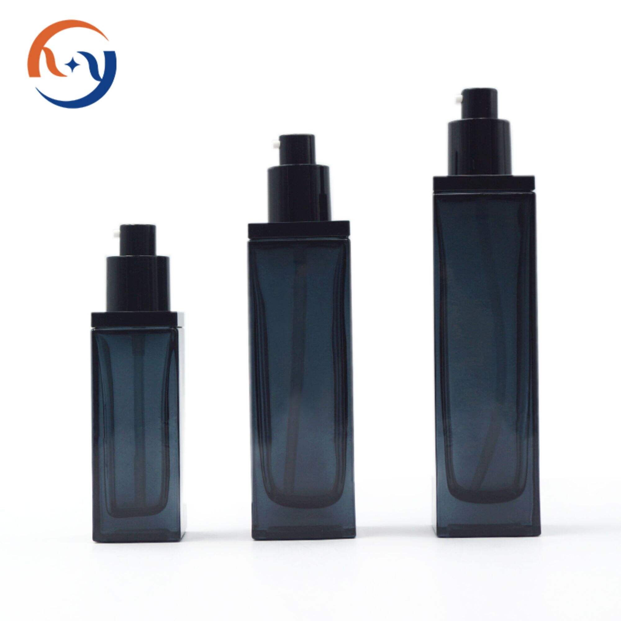 Klassische schwarze und blaue quadratische Glasflasche für Hautpflege HY-2375