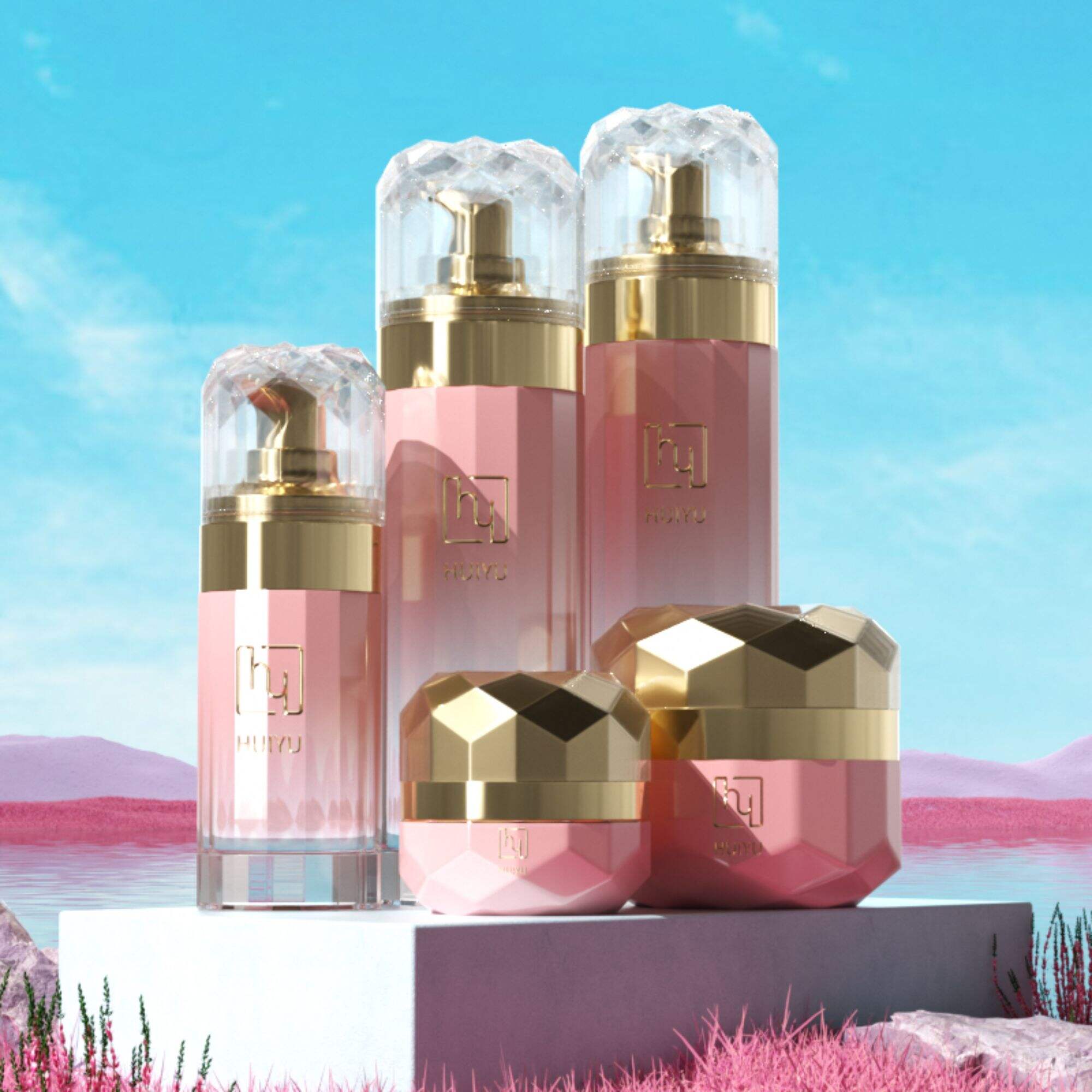 Round empty skincare glass spray bottle cosmetic packaging with pump HY-2366