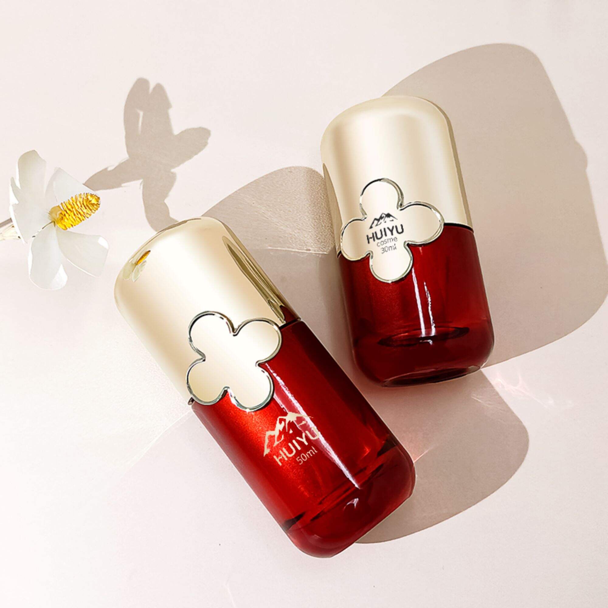 Custom Red Container Glass Jar With Gold Flower Lid HY-2318