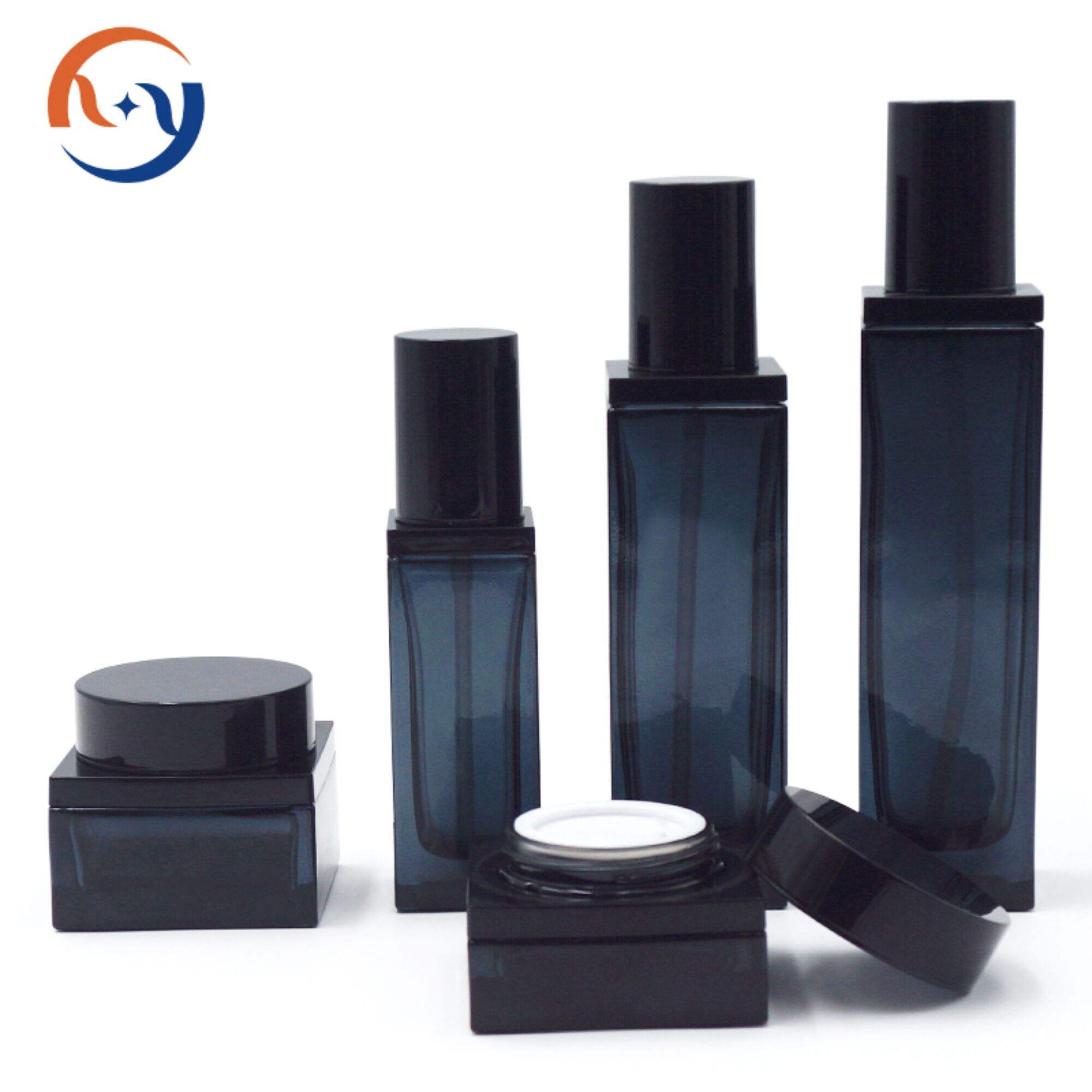 Klassische schwarze und blaue quadratische Glasflasche für Hautpflege HY-2375