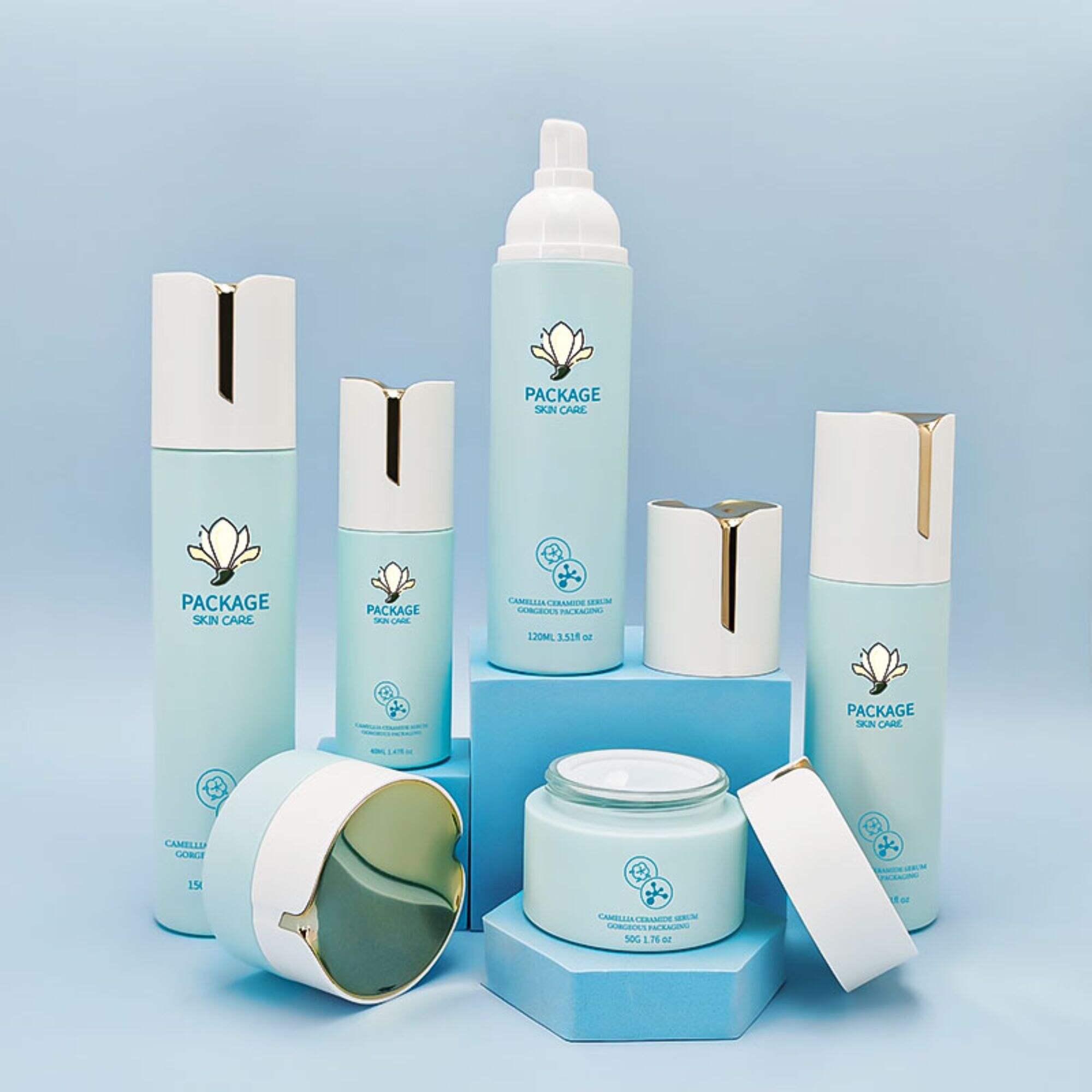 Custom Empty light-blue Bottle Glass Bottle Packaging set HY-2415