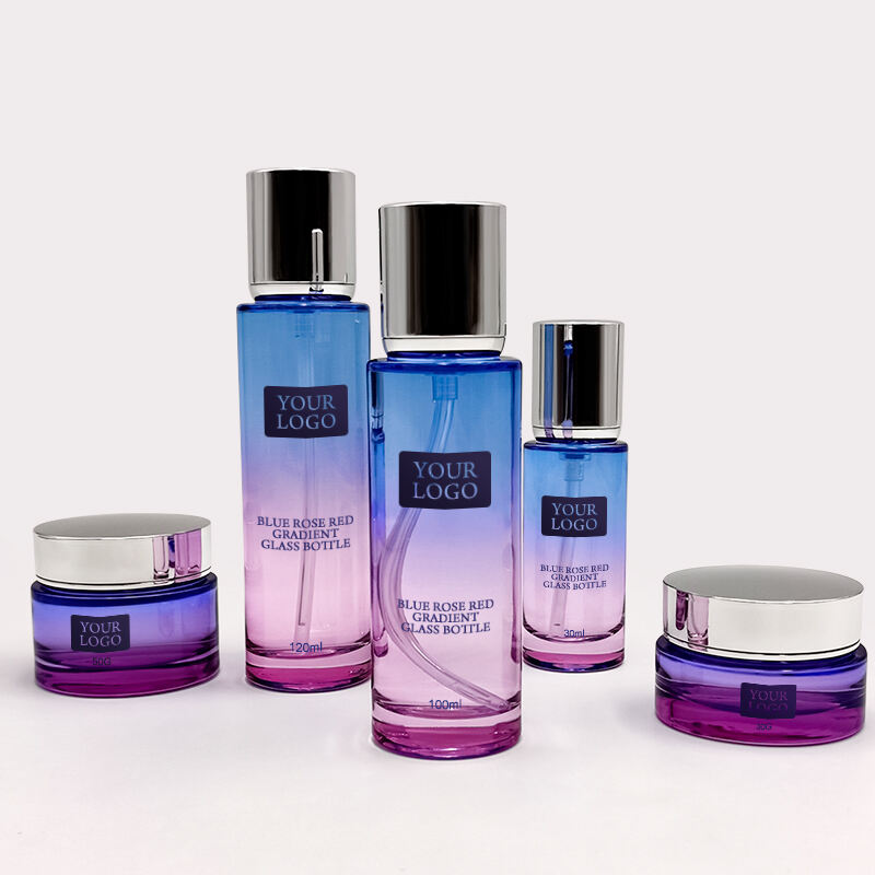 Luxury blue pink gradient cosmetic glass containers packing set HY-2396