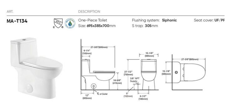 MA-T134 One-piece toilet siphonic flushing system side flush details