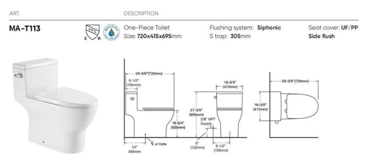 MA-T113 One-piece toilet siphonic flushing system side flush details