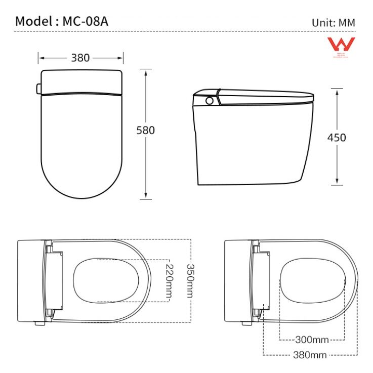 MB-08A Rimless smart toilet suite w/remote control gloss white details