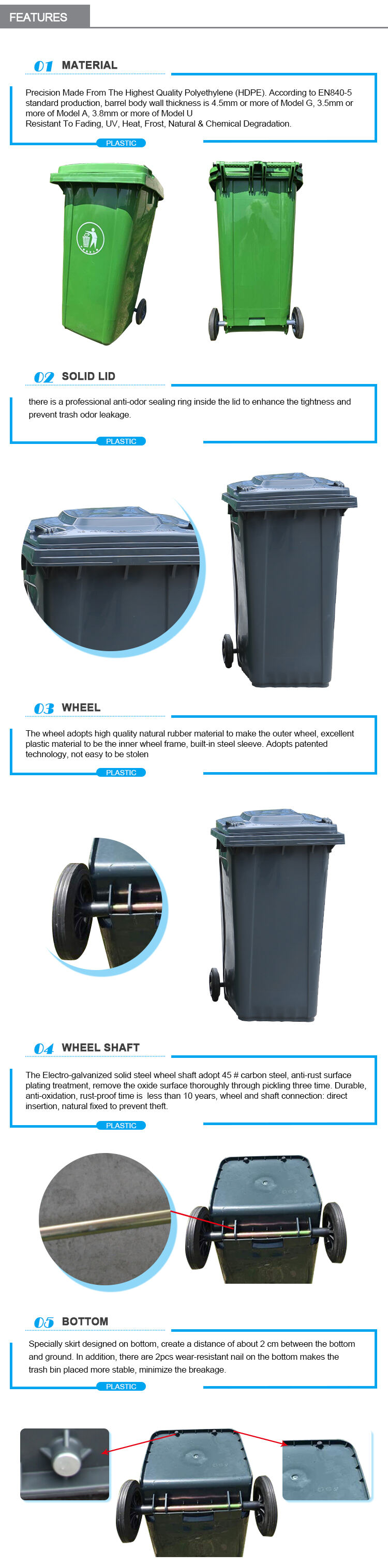 Good quality 120L plastic waste bins wheeled garbage container outdoor use trash can with lid manufacture