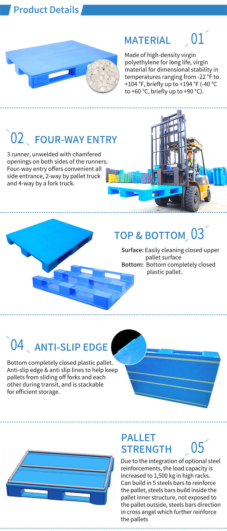 Food grade hygienic weather resistant plastic pallet for beverage and food industries factory