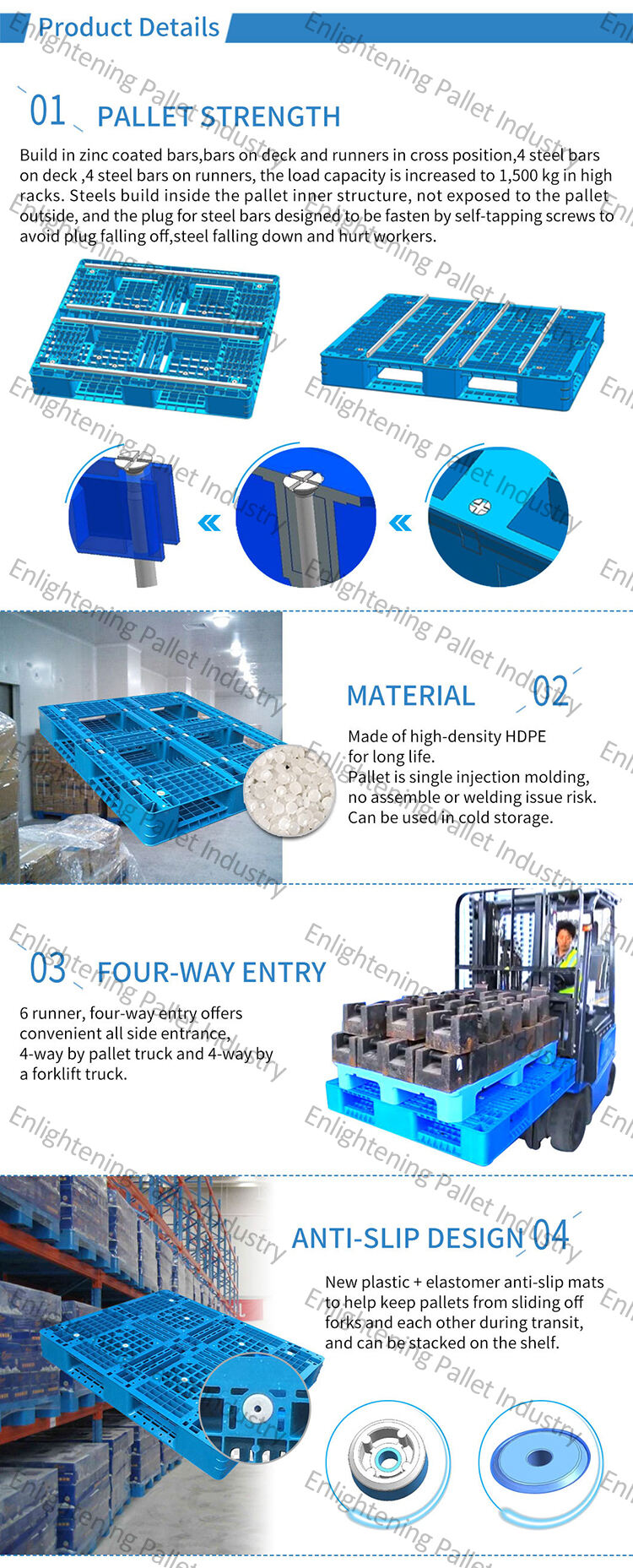 1200 x 800 high quality full perimeter six runner single side 4 way entry warehouse storage euro pallet of plastic details