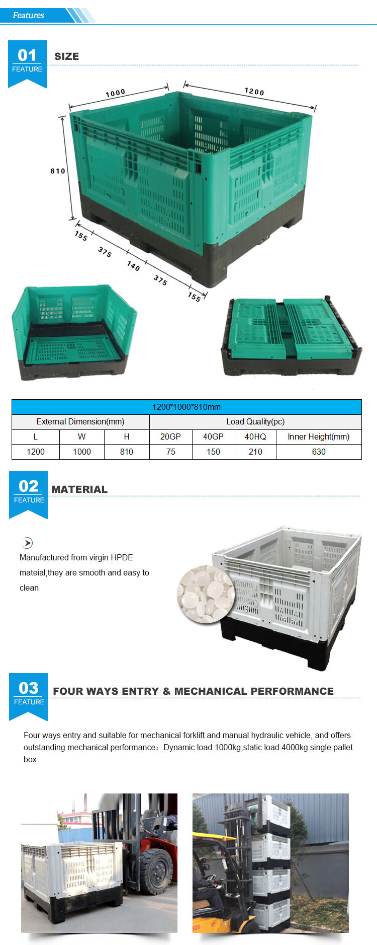 Heavy duty Circulation China Warehouse Plastic Foldable Bins Collapsible Bulk Container with Lid details