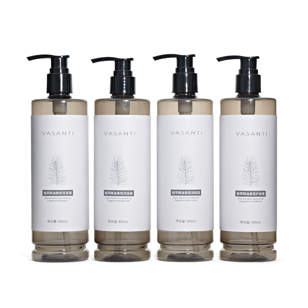 PE Plastic Bottles 300ml 500ml Transparent Grey Hotel Shower Gel Hair Shampoo Toiletries Set manufacture