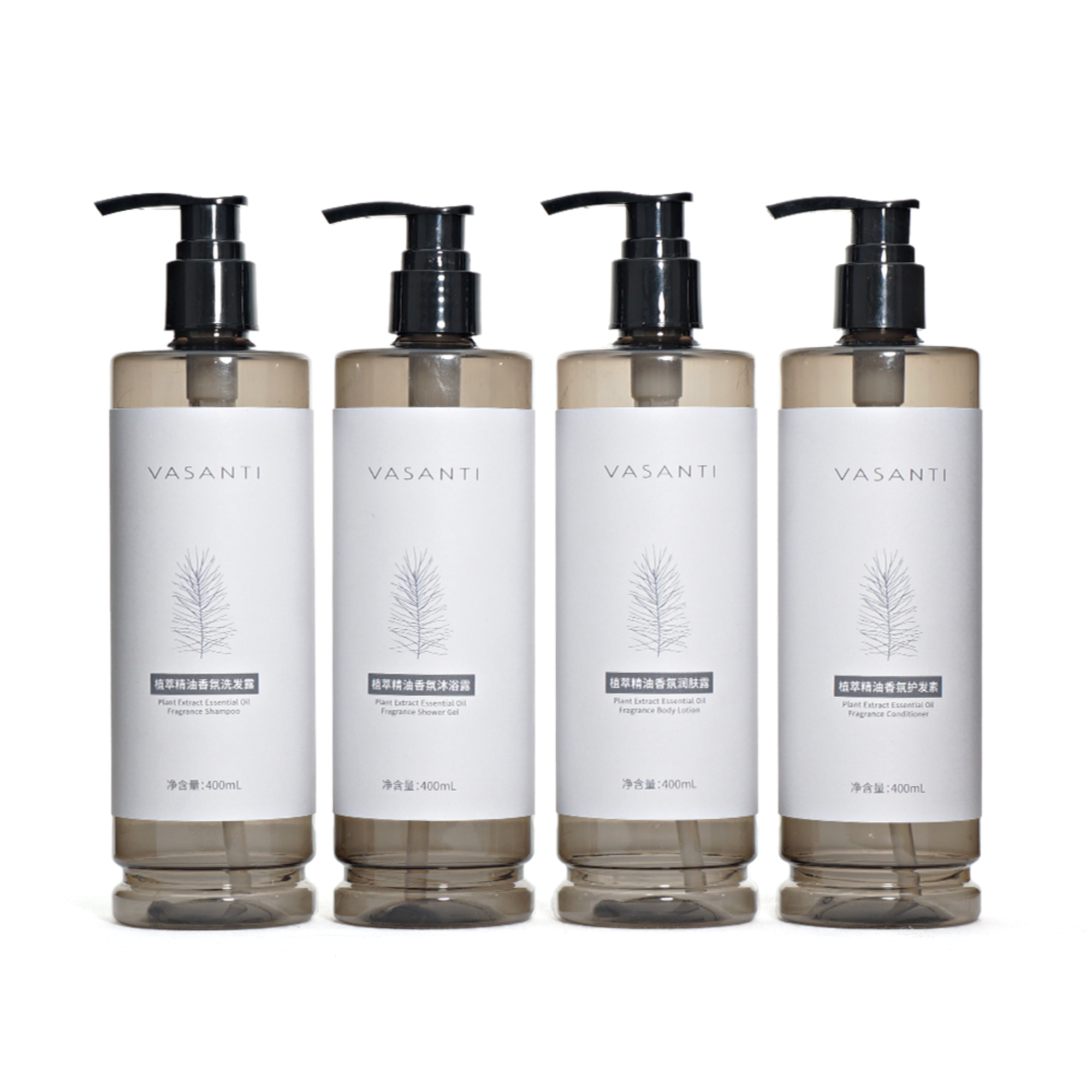 PE Plastic Bottles 300ml 500ml Transparent Grey Hotel Shower Gel Hair Shampoo Toiletries Set