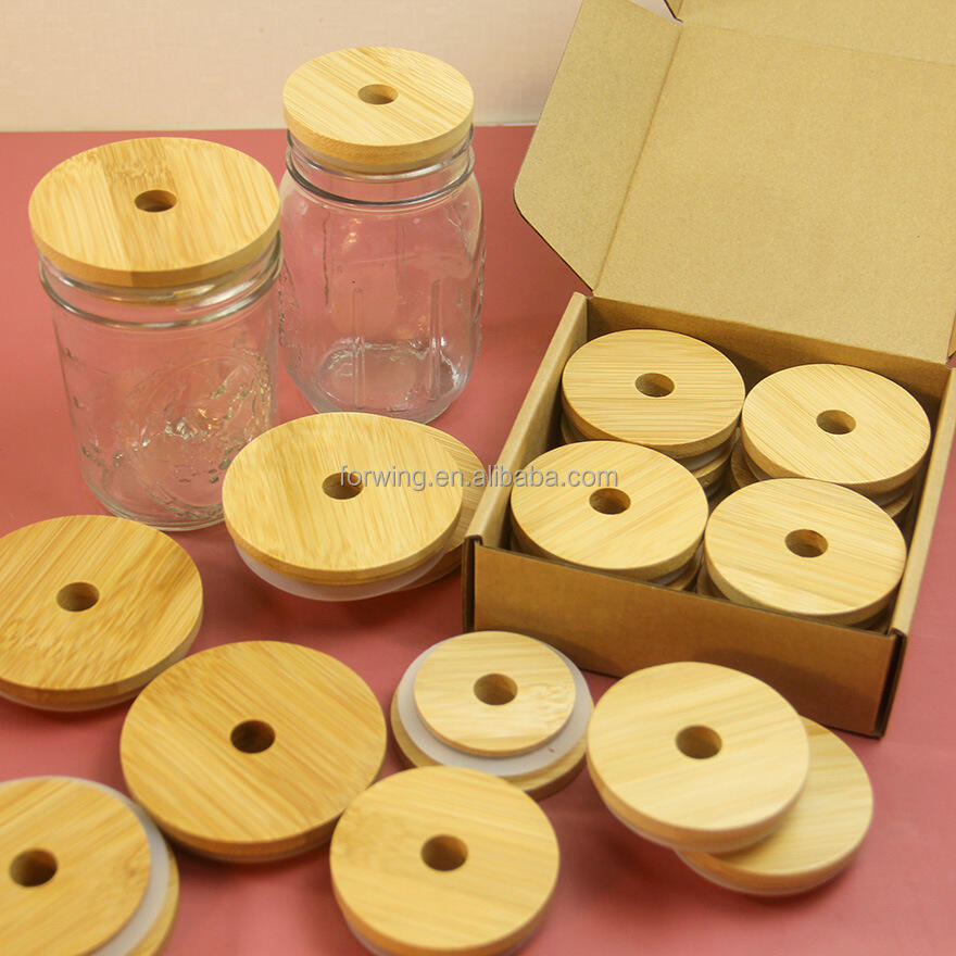 Wholesale 70mm 86mm Durable Drink jar Mason Jar Lids Wooden Bamboo Lid With Straw Holes supplier
