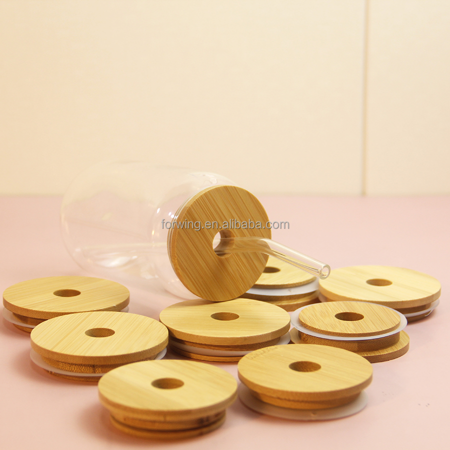 Wholesale 70mm 86mm Durable Drink jar Mason Jar Lids Wooden Bamboo Lid With Straw Holes factory