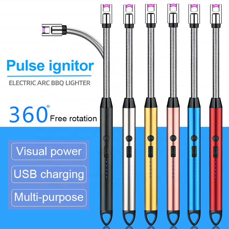 Popular 360 degree rotating Arc lighter USB rechargeable cycle long handle windproof outdoor BBQ candle kitchen lighter details