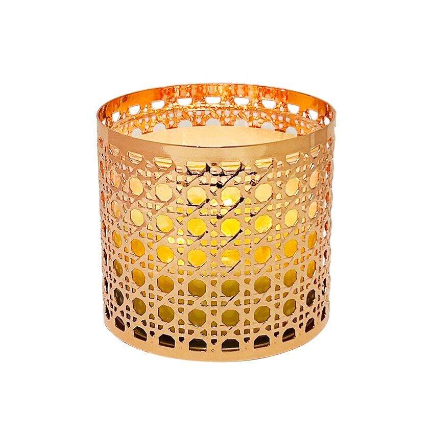 Gold Candlestick Cylinder Metal Cut Out Design Pen Holder Flower Vase Home Decoration Metal Candle Holders