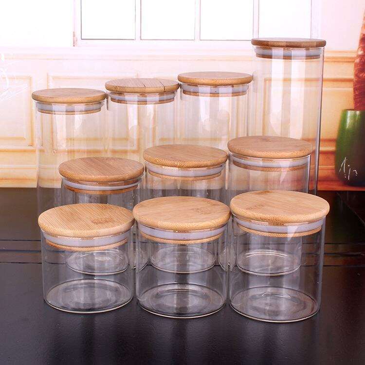 Round Airtight Coffee Tea Spice Glass Jar Kitchen Organizer Storage Bottles Sealed Glass Food Storage Jars with Bamboo Lid