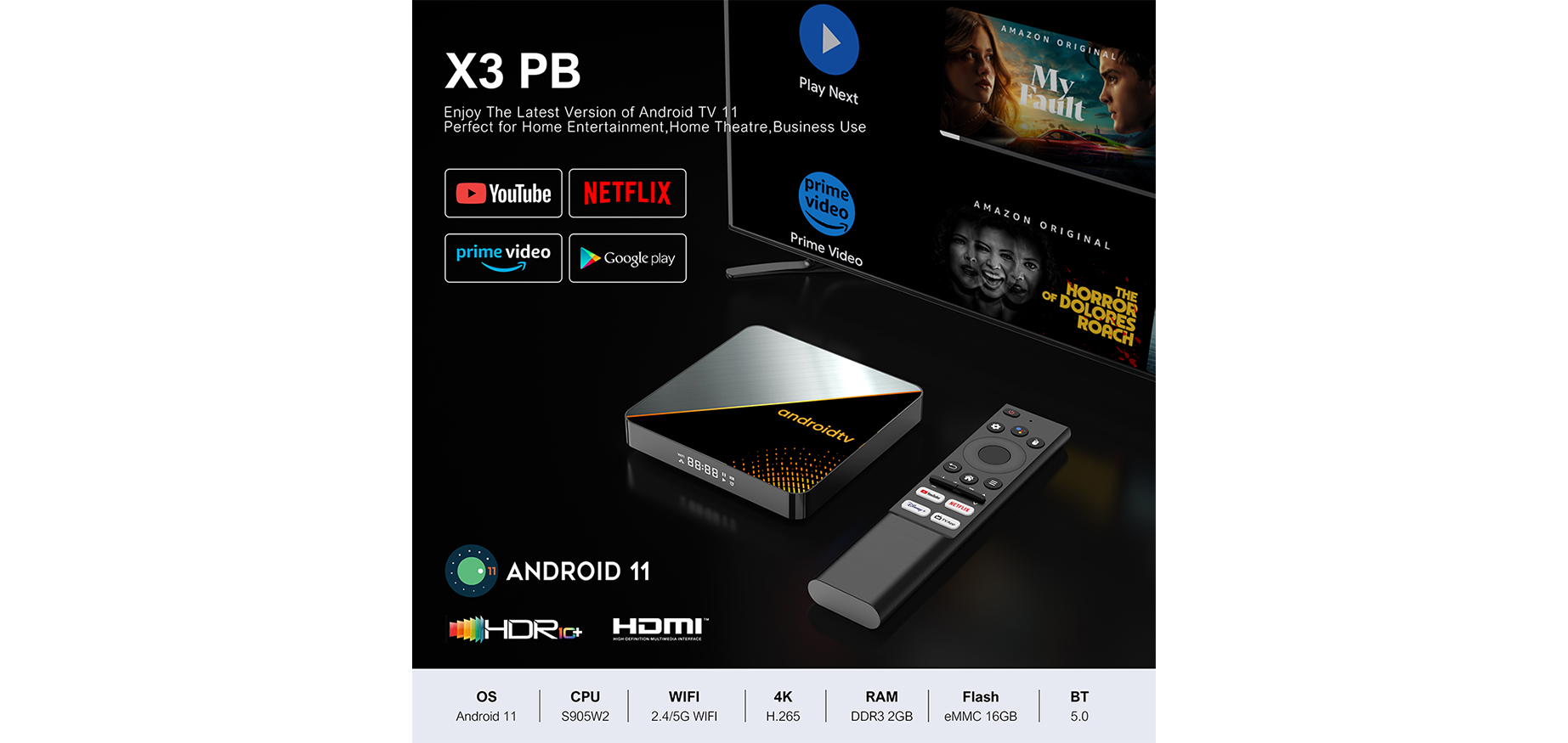 Elebao X3PB Amlogic S905W2 Android 11 TV Box Dual Band Wifi AV1 with Bluetooth Remote