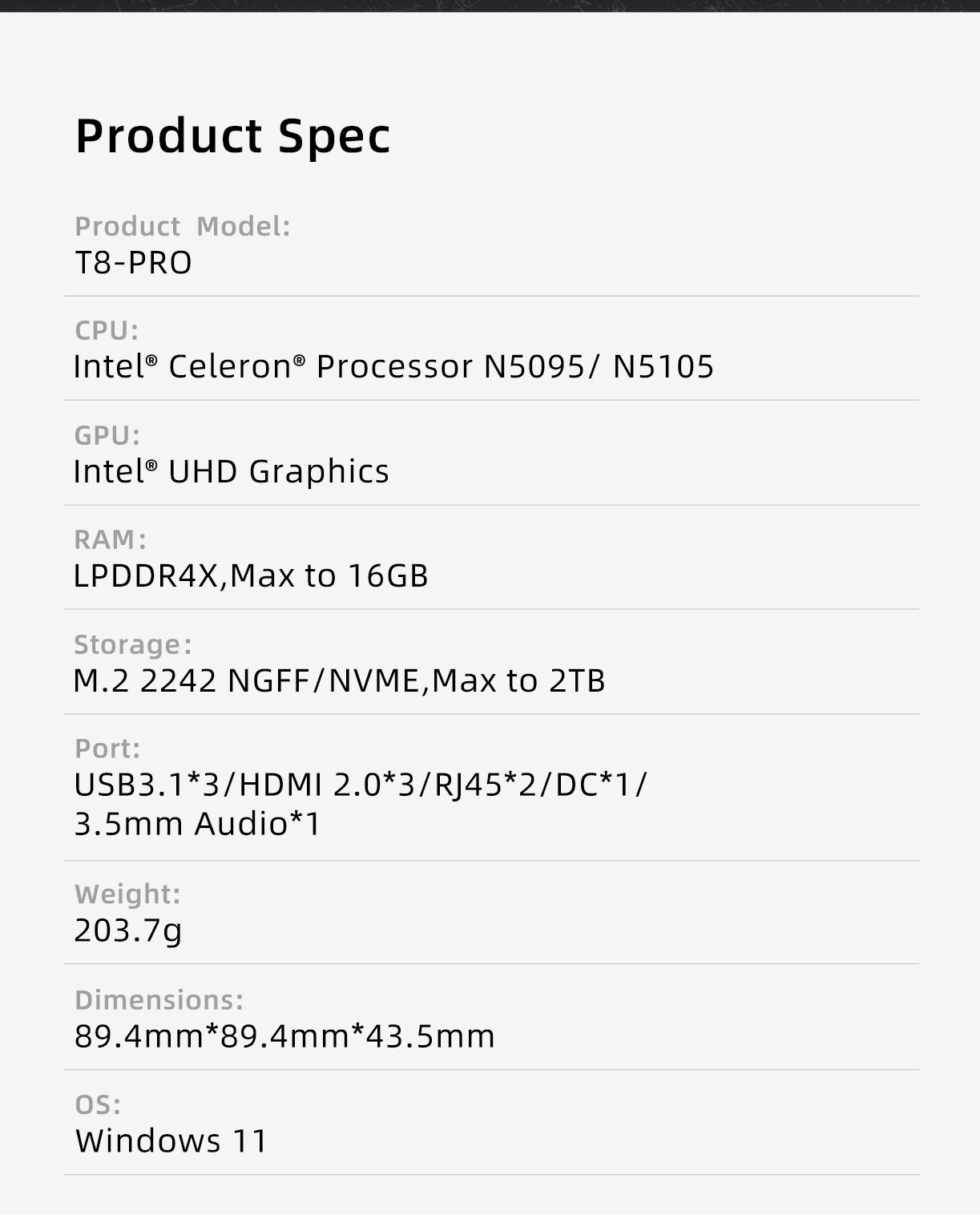 T8PRO N5095 Gateway Mini PC 8GB 16GB RAM WIN11 PRO BT5.0 With 2 lan support 3 HDMI display factory