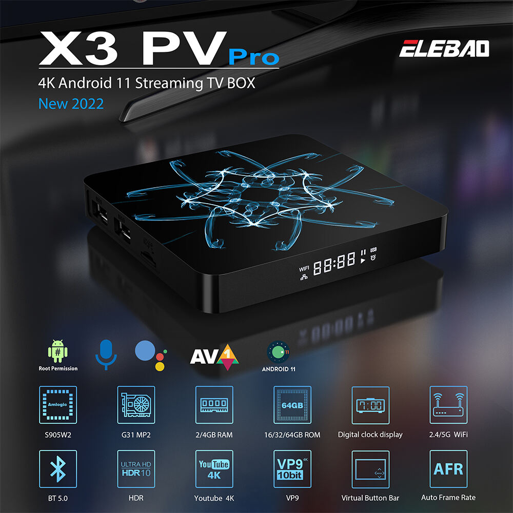 Elebao OEM Android 11 Set Top Box Auto Frame rate S905W2 Quad Core X3PV Pro Smart TV Box details