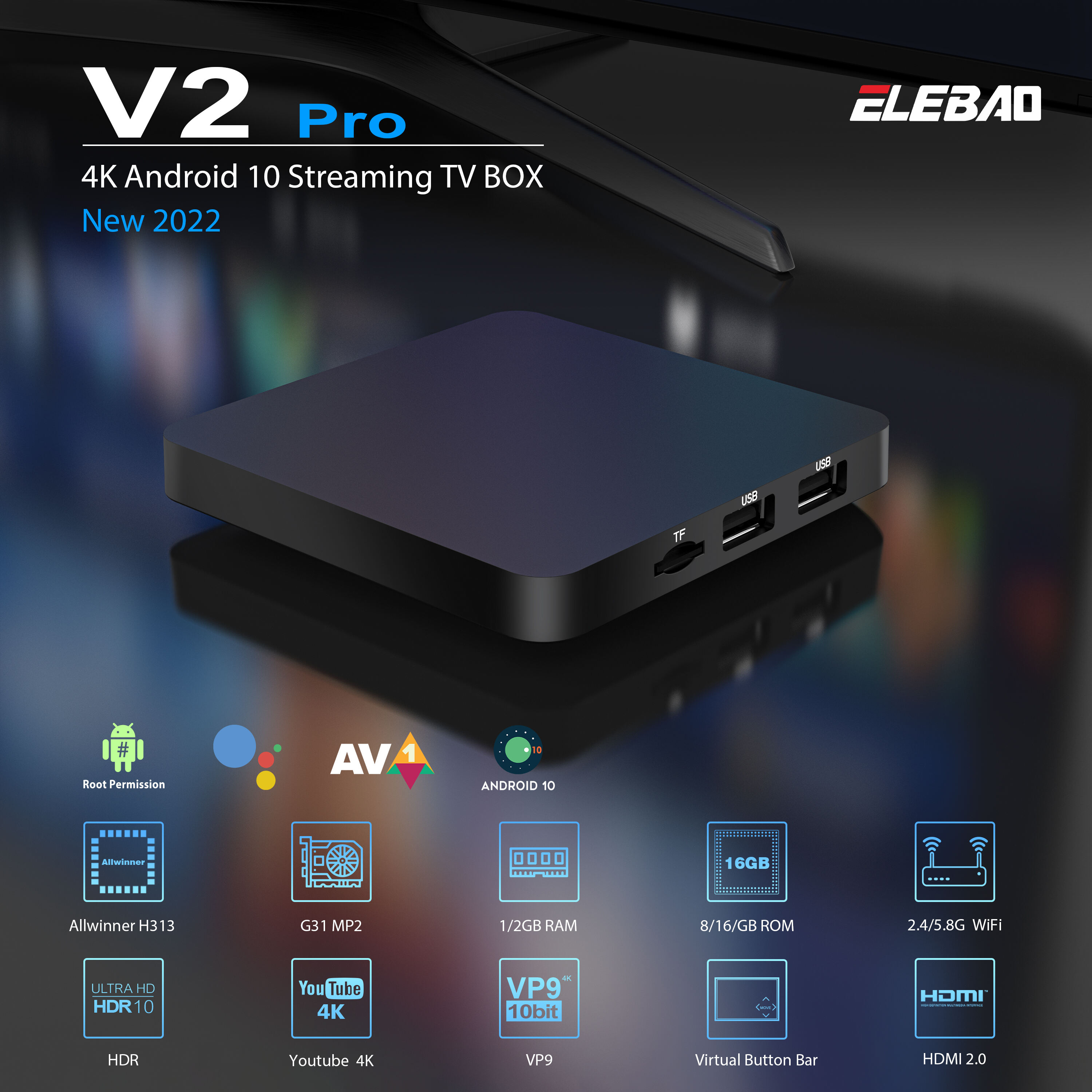 Elebao cost-effective Streaming TV Box V2pro H313 2.4/5G dual band wifi Android TV Box factory