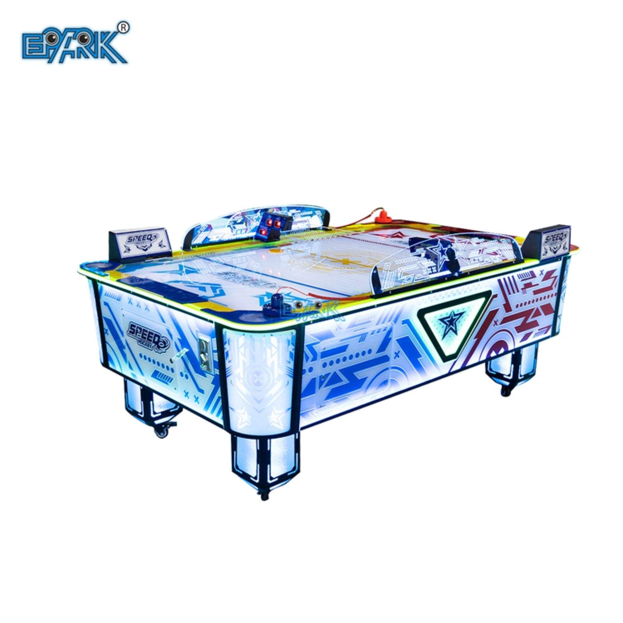 Commercieel pretpark Interactieve oogverblindende hockeytafel Twee spelers Luxe muntautomaat Air Hockey Machine