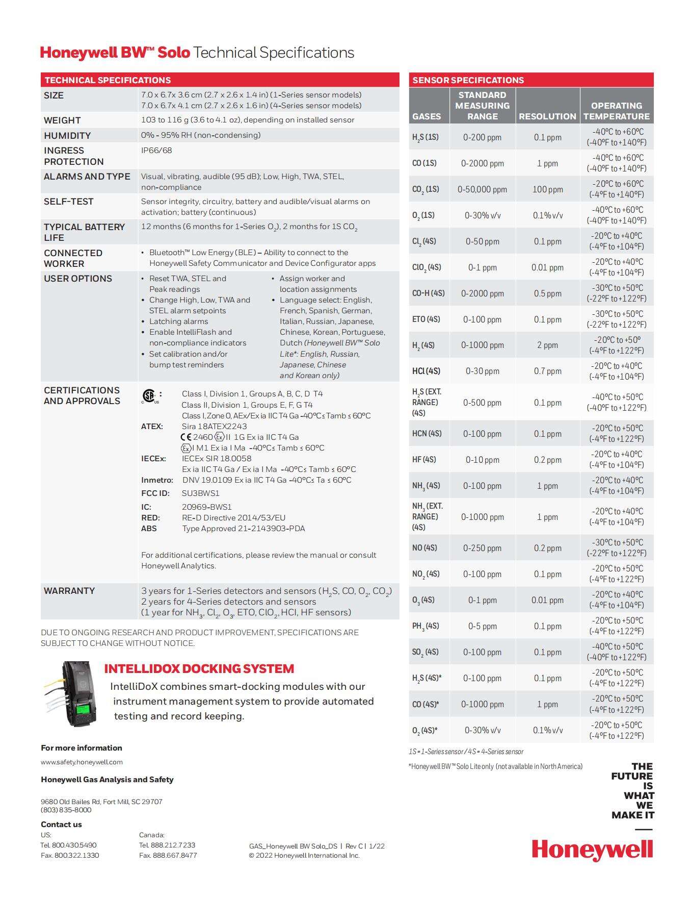 BW Solo single gas detector suitable for O2 CO H2S Cl2 ClO2  ETO H2 HCN NH3 NO NO2 O3 PH3 SO2 gas sensors wireless gas leake detector supplier