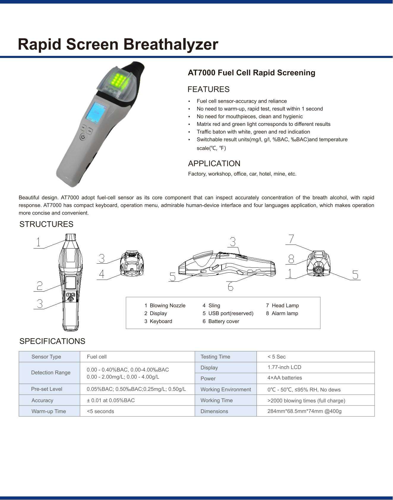 AT7000 rapid screen alcohol tester fuel cell sensor quick screening tester Rapid Screen Breathalyzer factory