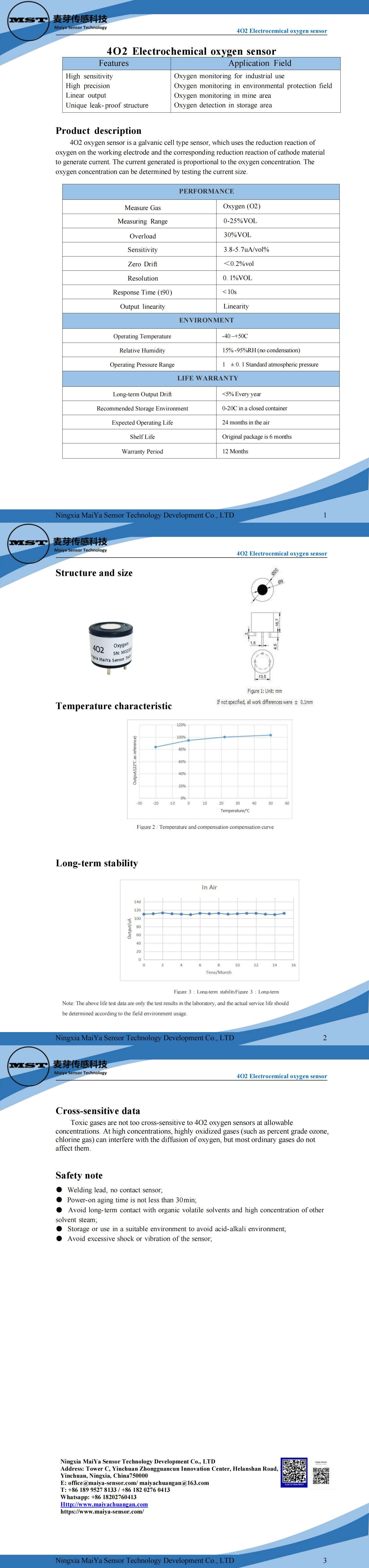 Electrochemical oxygen sensor MST 4O2 0-30%vol stability for various gas detector can Compatible with 4OXV and O2-A2 supplier