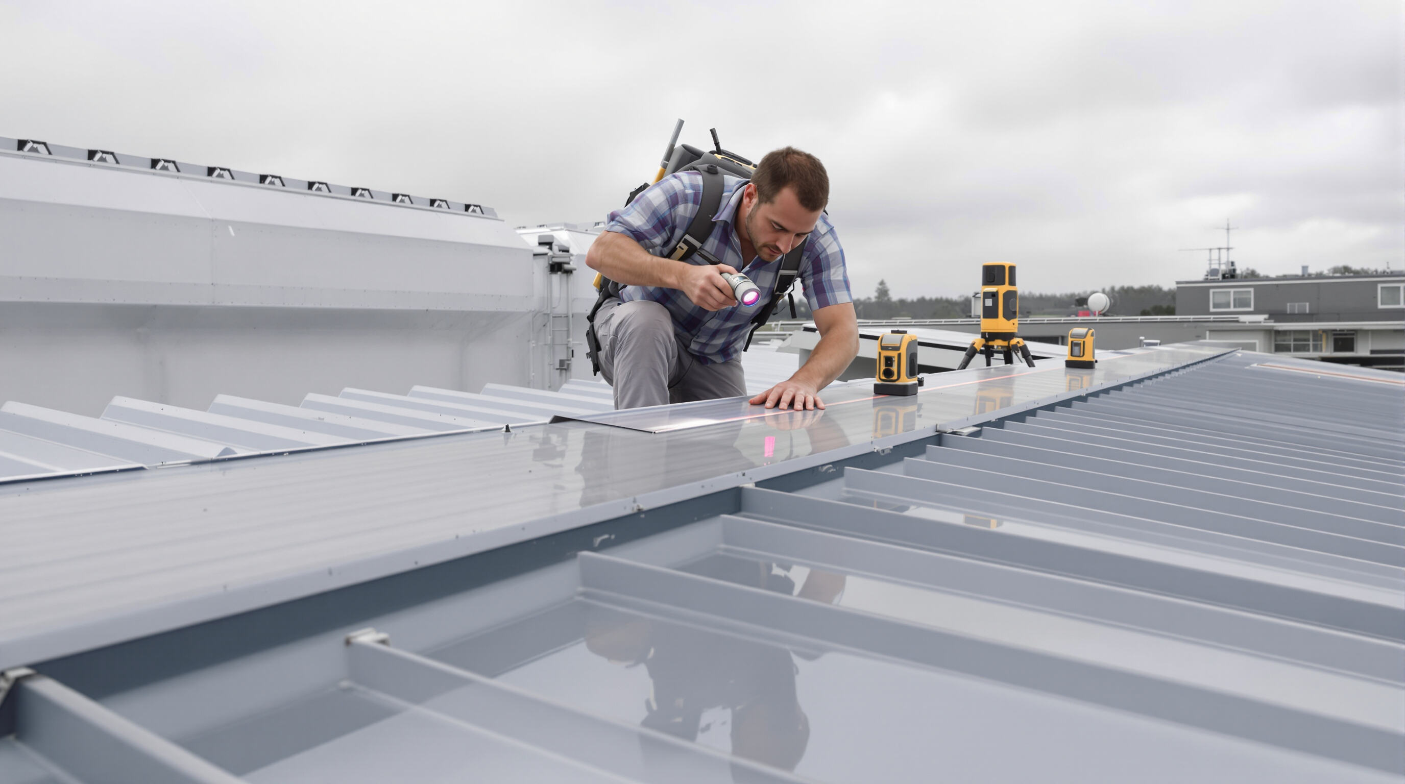 Inspector examining UPVC roofing sheets and fasteners with specialized tools on a rooftop
